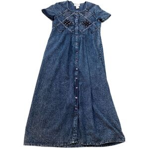 OLIVIA ROSE Vintage Maxi Dress 100% Cotton Chambray Button-Front - Navy Blue 12.